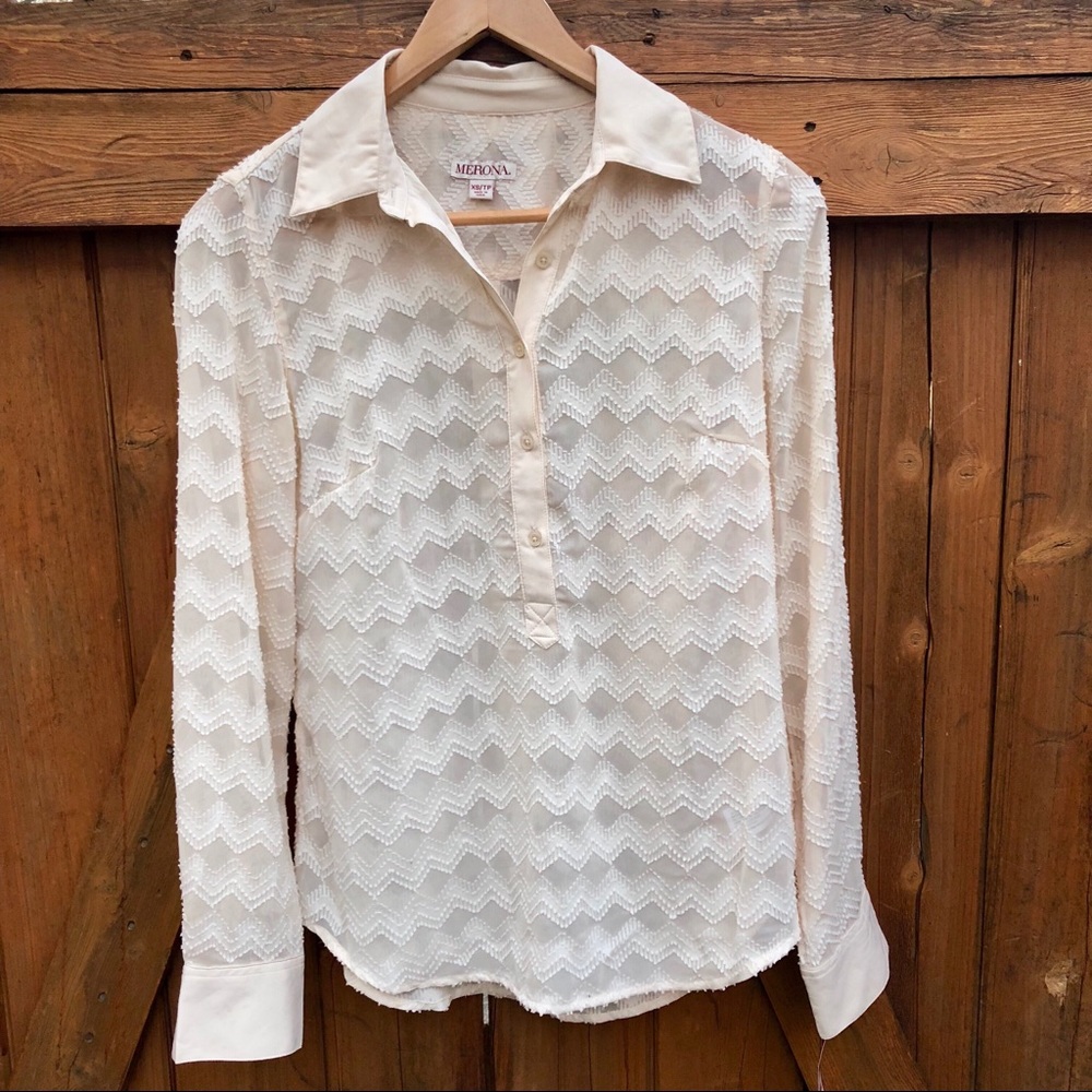 NWT Cream Sheer Textured Blouse, Halfway Button Up